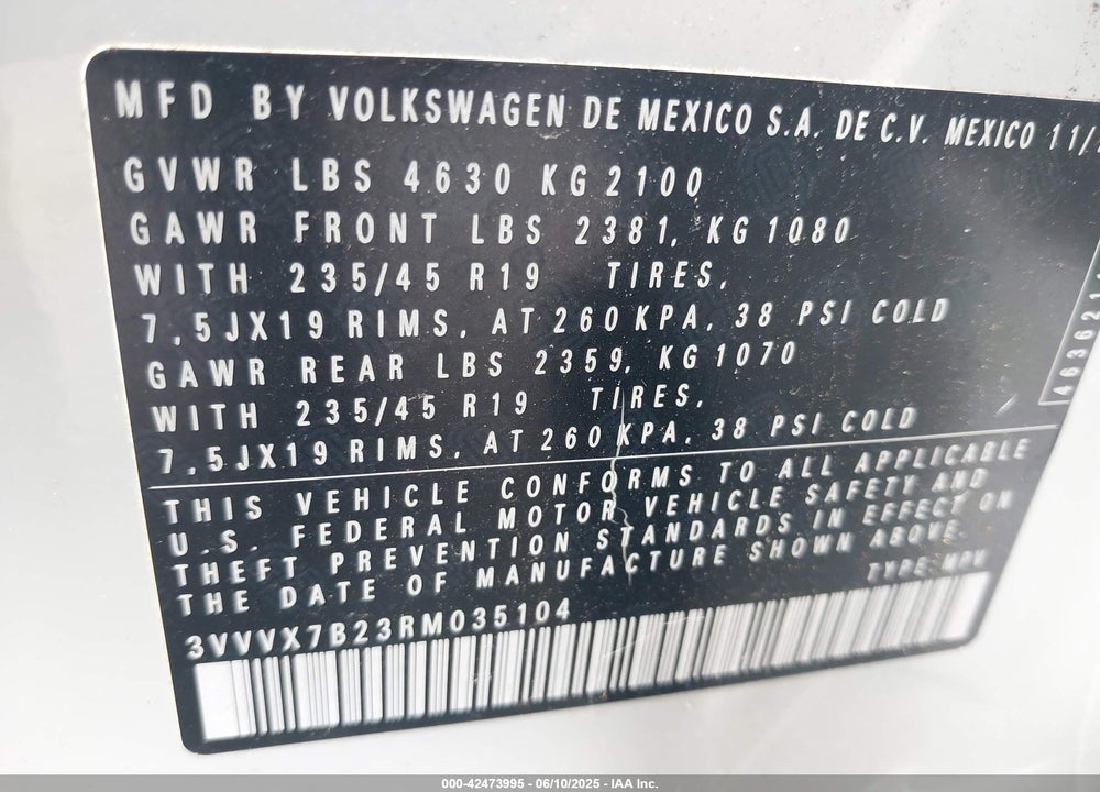 2024 VOLKSWAGEN TAOS VIN: 3VVVX7B23RM035104