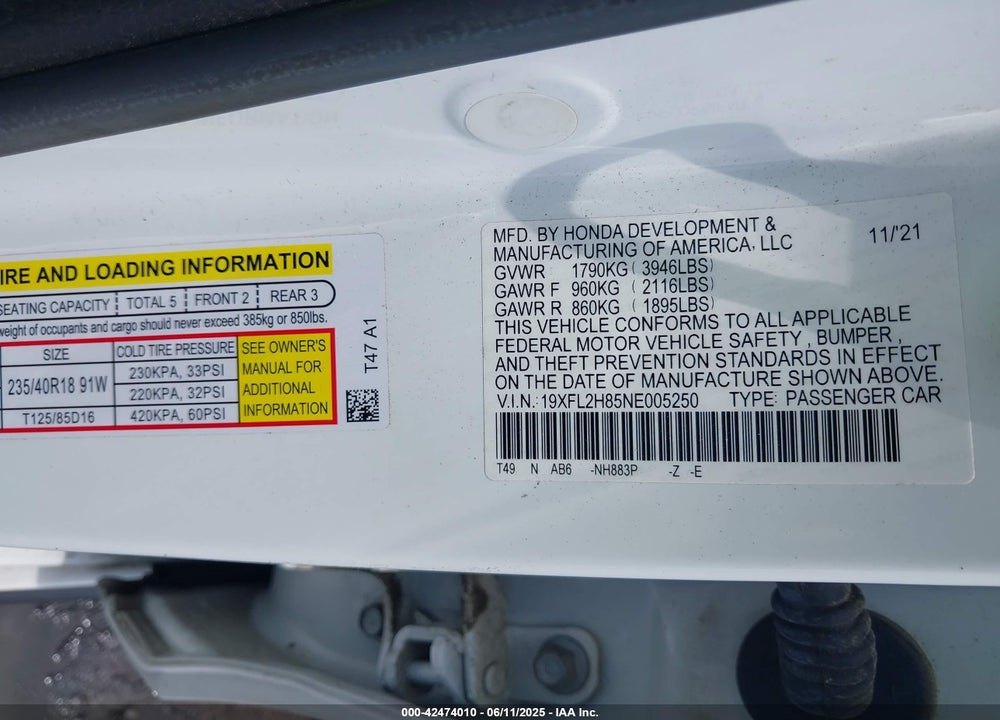 2022 HONDA CIVIC SPORT VIN: 19XFL2H85NE005250