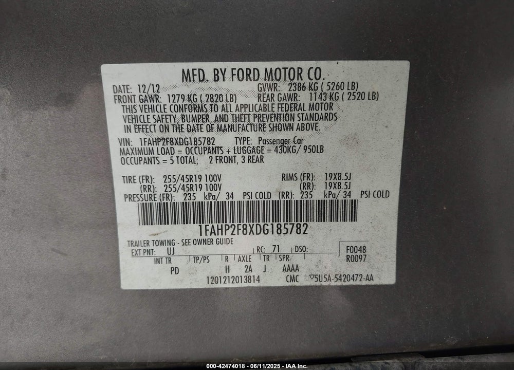 2013 FORD TAURUS VIN: 1FAHP2F8XDG185782