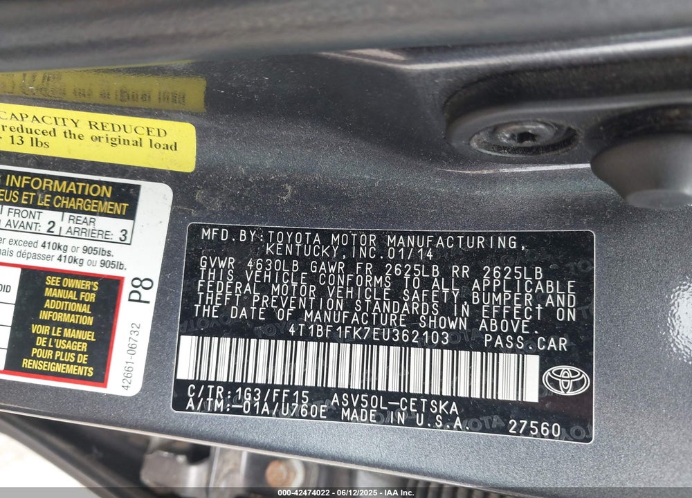 2014 TOYOTA CAMRY SE SPORT VIN: 4T1BF1FK7EU362103
