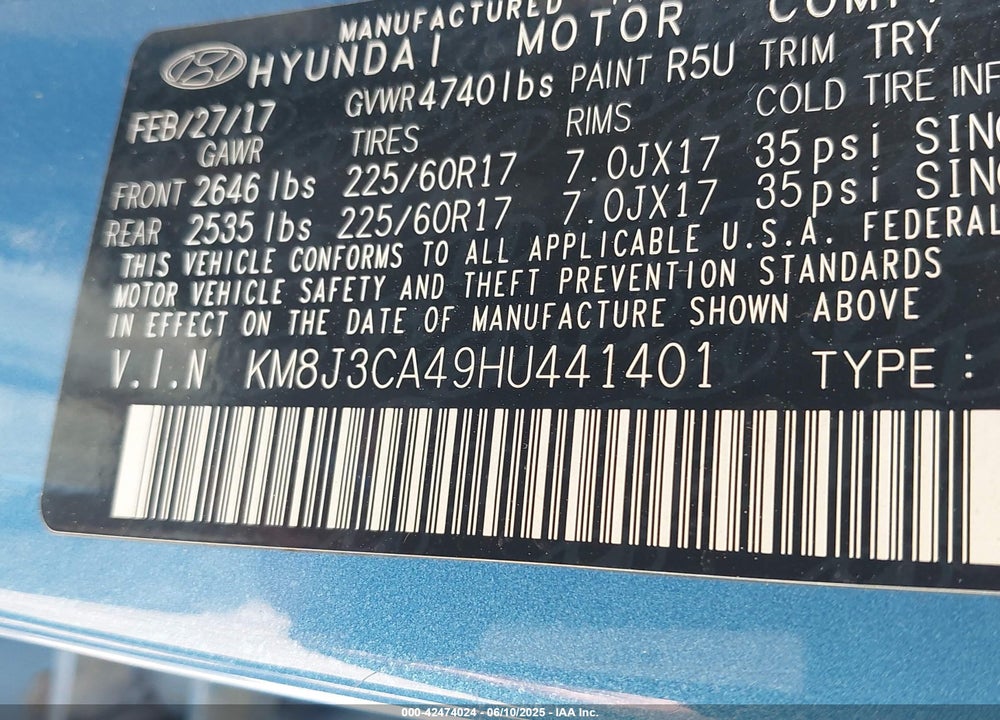 2017 HYUNDAI TUCSON VIN: KM8J3CA49HU441401