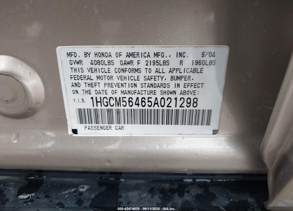 2005 HONDA ACCORD 2.4 LX VIN: 1HGCM56465A021298
