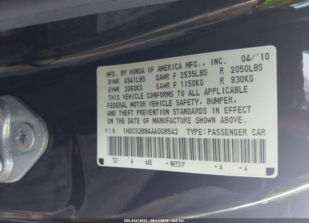 2010 HONDA ACCORD VIN: 1HGCS2B84AA008542