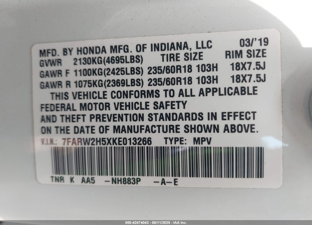 2019 HONDA CR-V EX VIN: 7FARW2H5XKE013266