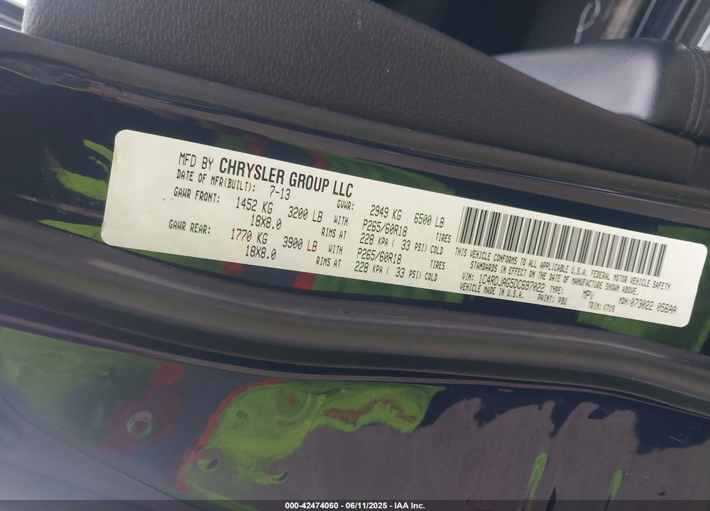 2013 DODGE DURANGO VIN: 1C4RDJAG5DC697022