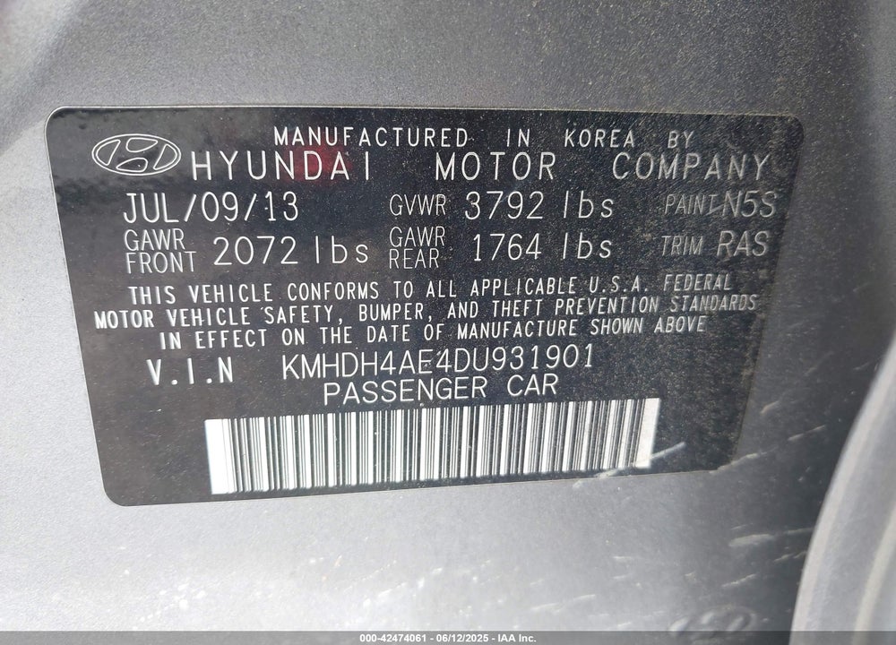 2013 HYUNDAI ELANTRA VIN: KMHDH4AE4DU931901