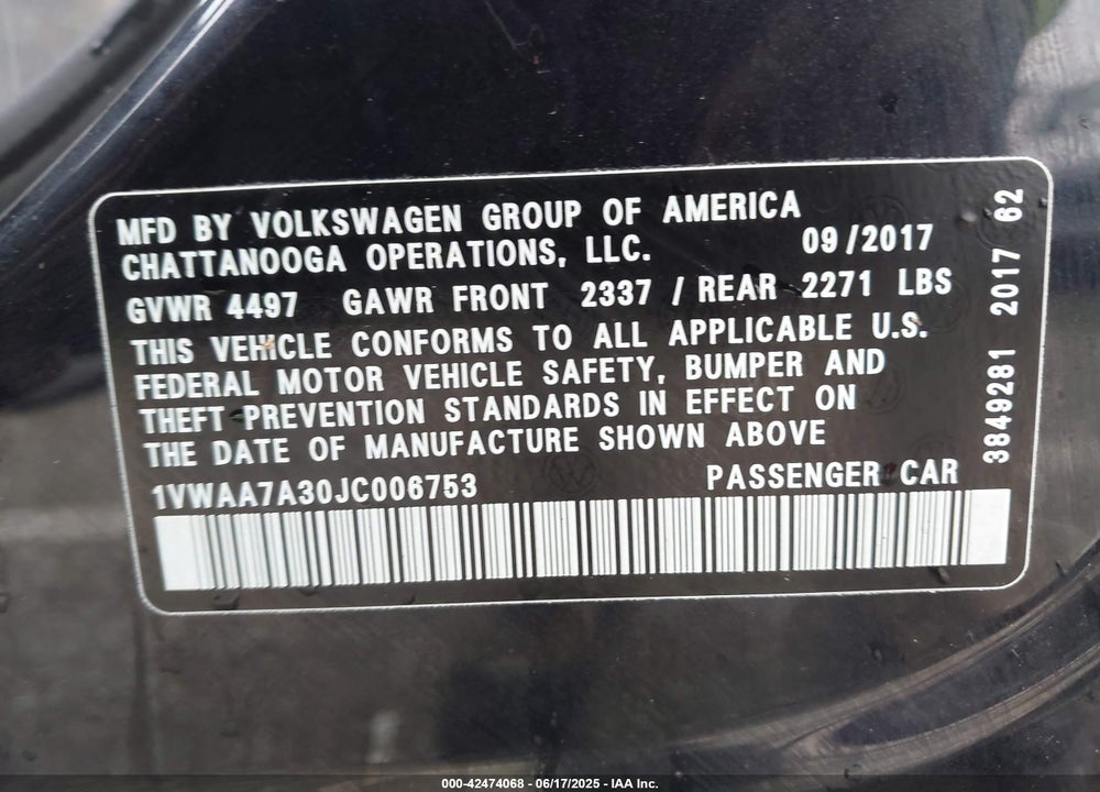 2018 VOLKSWAGEN PASSAT 2.0T R-LINE/2.0T S VIN: 1VWAA7A30JC006753