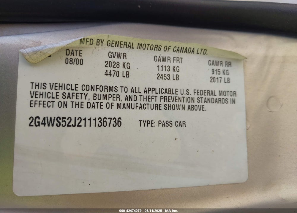 2001 BUICK CENTURY CUSTOM VIN: 2G4WS52J211136736