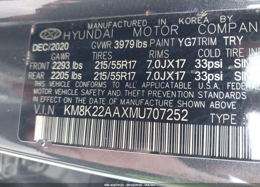 2021 HYUNDAI KONA VIN: KM8K22AAXMU707252