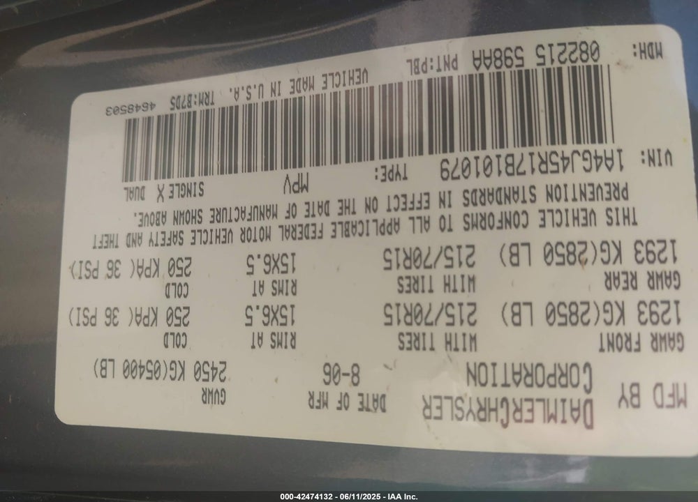 2007 CHRYSLER TOWN & COUNTRY VIN: 1A4GJ45R17B101079