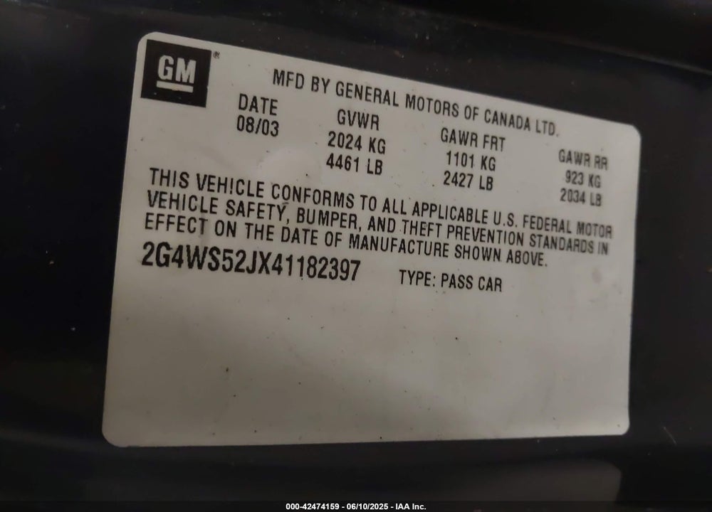 2004 BUICK CENTURY VIN: 2G4WS52JX41182397