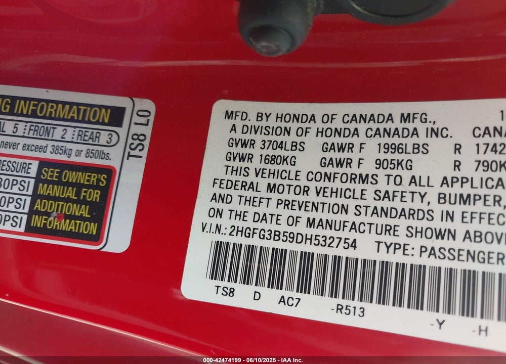 2013 HONDA CIVIC VIN: 2HGFG3B59DH532754