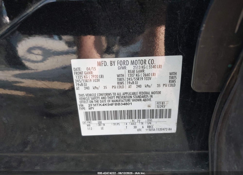 2015 FORD EDGE VIN: 2FMTK4K94FBB34801