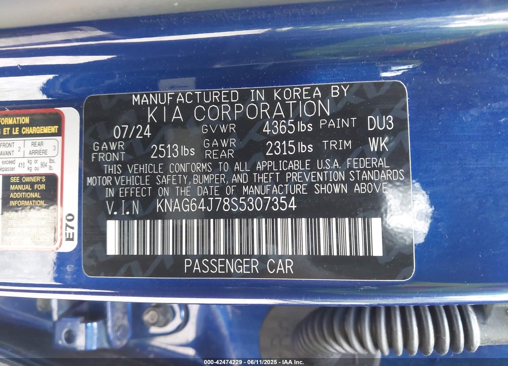 2025 KIA K5 VIN: KNAG64J78S5307354