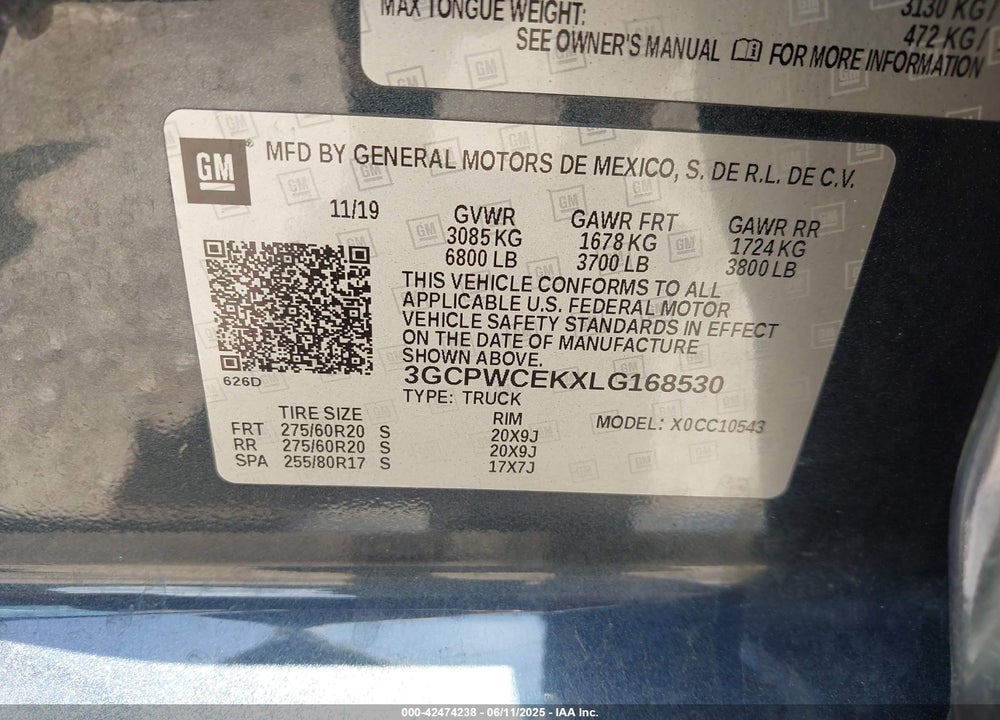 2020 CHEVROLET SILVERADO 1500 VIN: 3GCPWCEKXLG168530