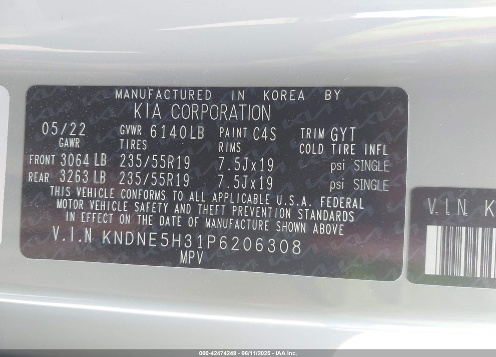 2023 KIA CARNIVAL MPV SX VIN: KNDNE5H31P6206308