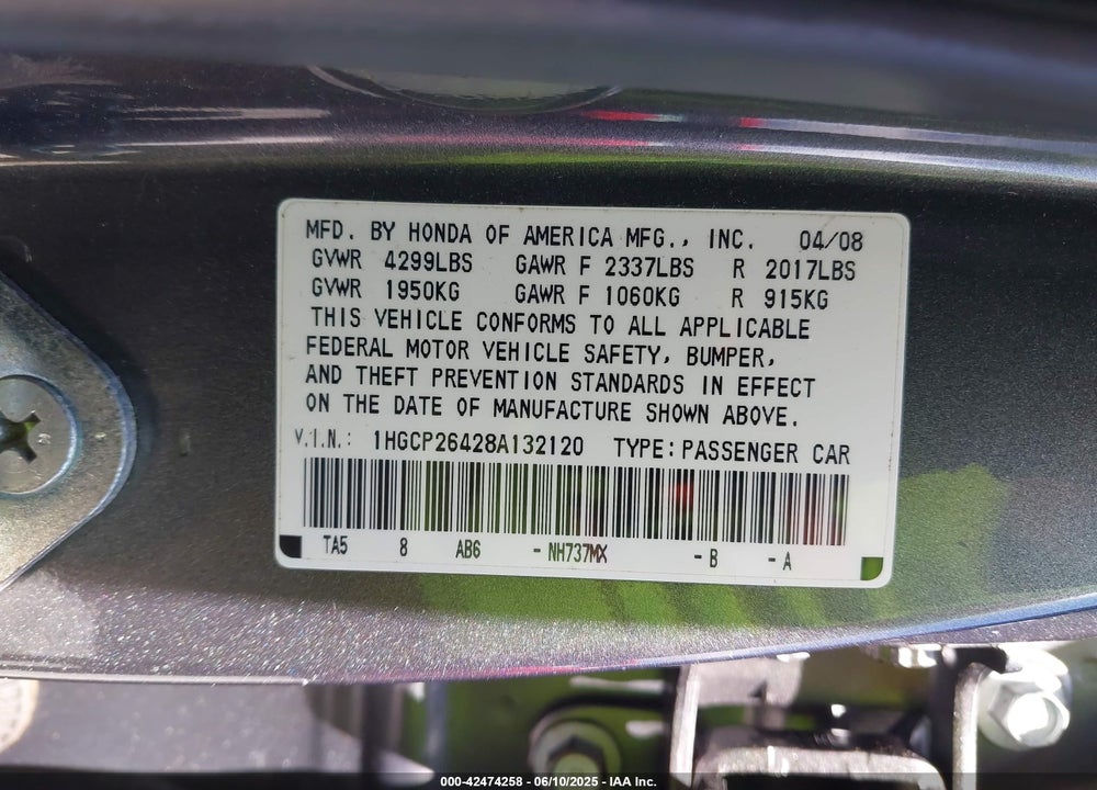 2008 HONDA ACCORD 2.4 LX-P VIN: 1HGCP26428A132120
