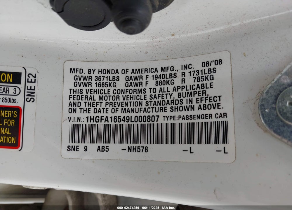 2009 HONDA CIVIC VIN: 1HGFA16549L000807