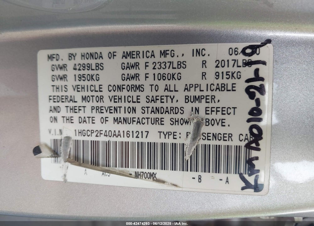 2010 HONDA ACCORD VIN: 1HGCP2F40AA161217