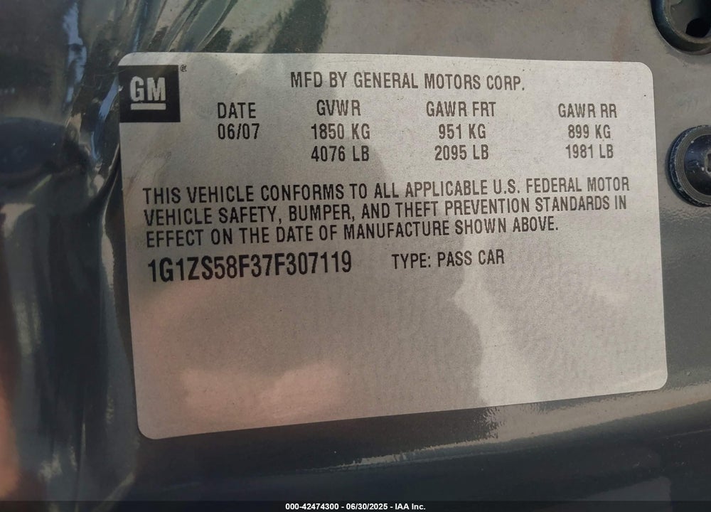 2007 CHEVROLET MALIBU VIN: 1G1ZS58F37F307119