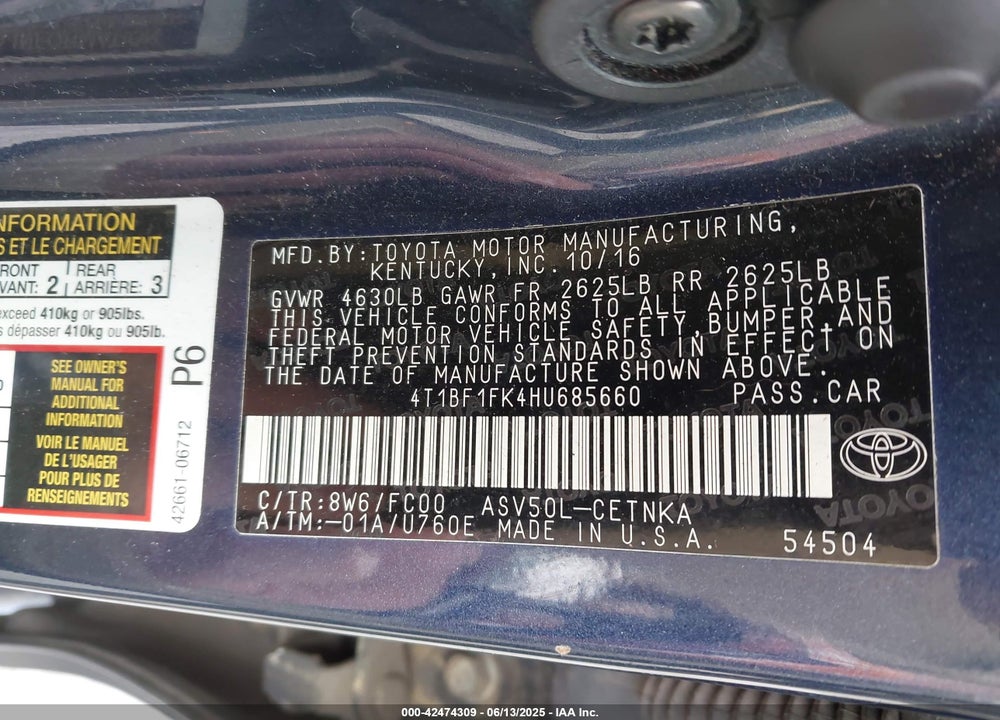2017 TOYOTA CAMRY LE VIN: 4T1BF1FK4HU685660