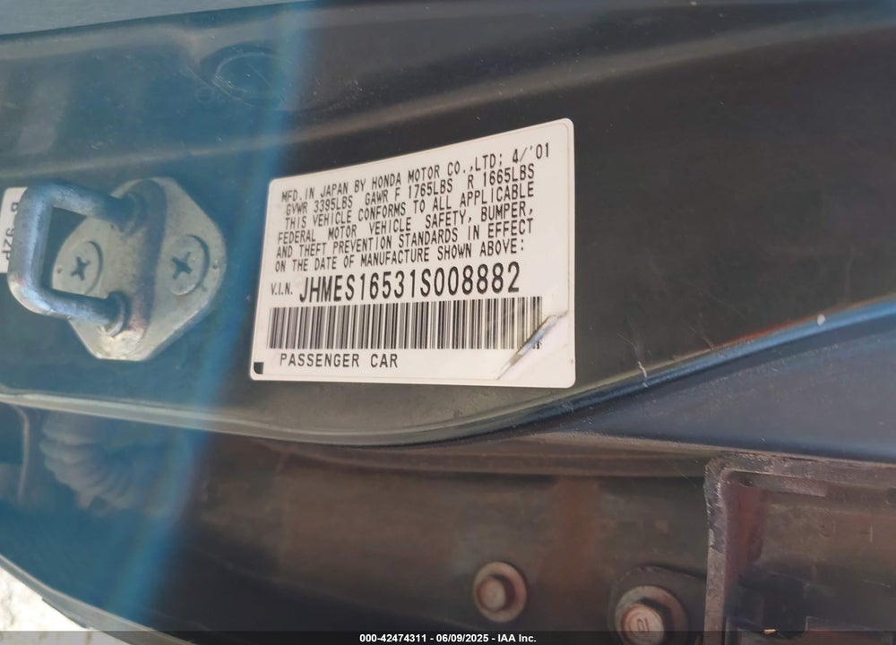2001 HONDA CIVIC LX VIN: JHMES16531S008882