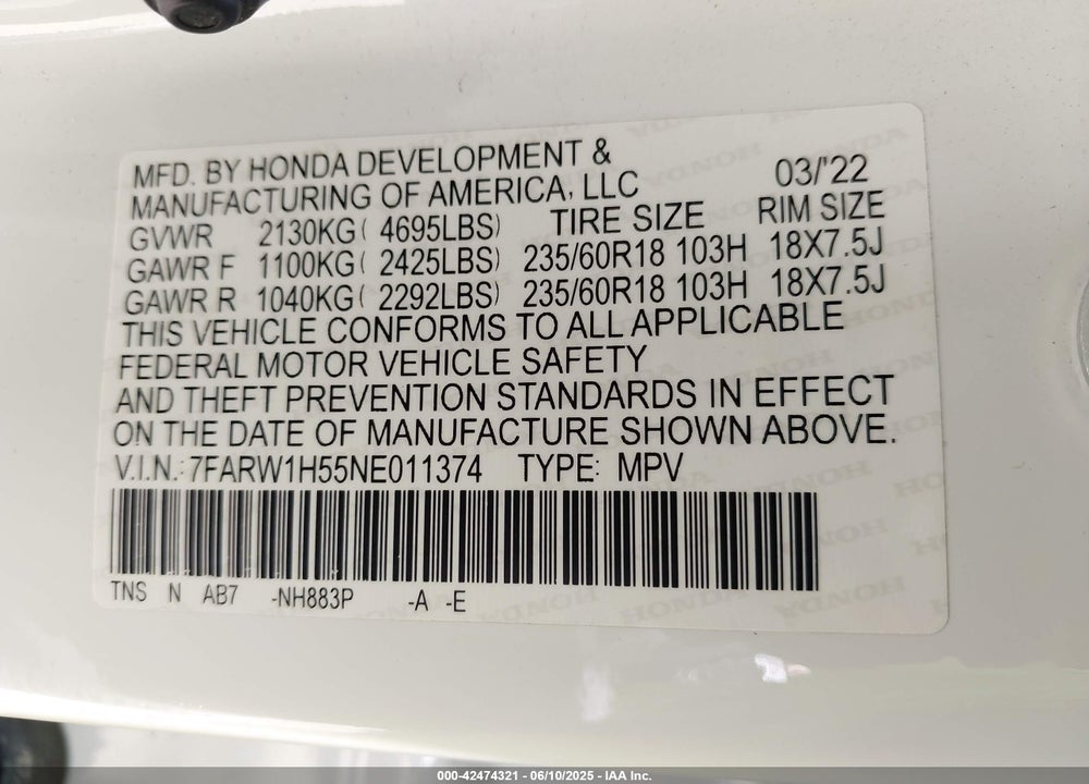 2022 HONDA CR-V 2WD EX VIN: 7FARW1H55NE011374