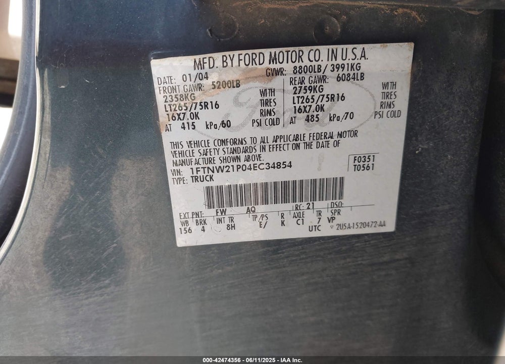 2004 FORD F-250 LARIAT/XL/XLT VIN: 1FTNW21P04EC34854