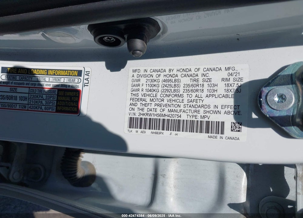 2021 HONDA CR-V VIN: 2HKRW1H56MH420754