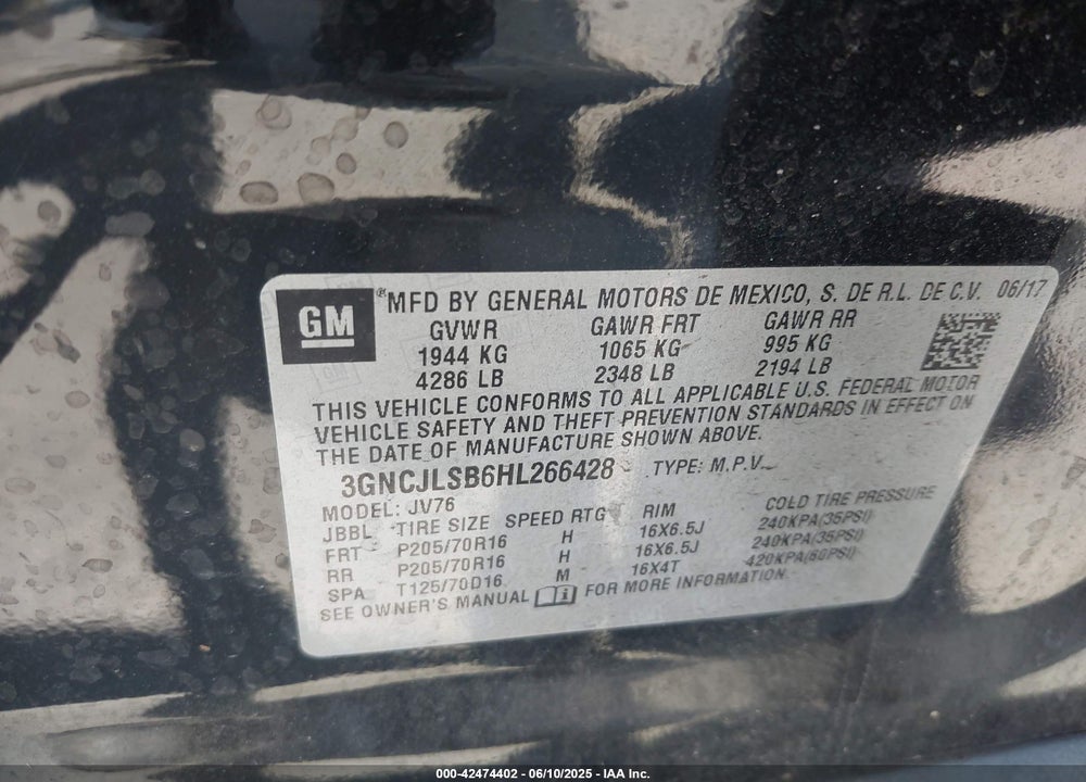 2017 CHEVROLET TRAX VIN: 3GNCJLSB6HL266428