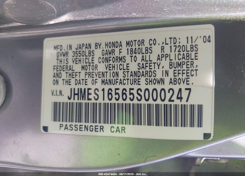 2005 HONDA CIVIC LX VIN: JHMES16565S000247