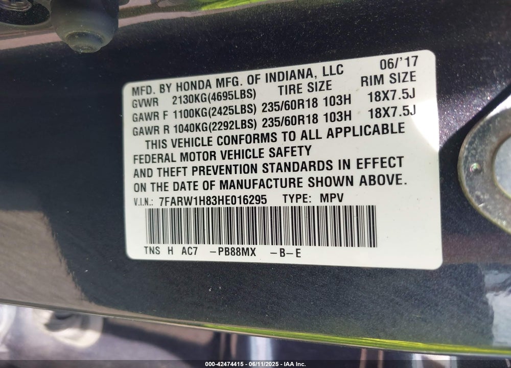 2017 HONDA CR-V EX-L/EX-L NAVI VIN: 7FARW1H83HE016295