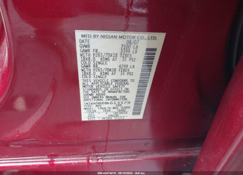 2008 NISSAN ARMADA VIN: 5N1BA08D08N613579