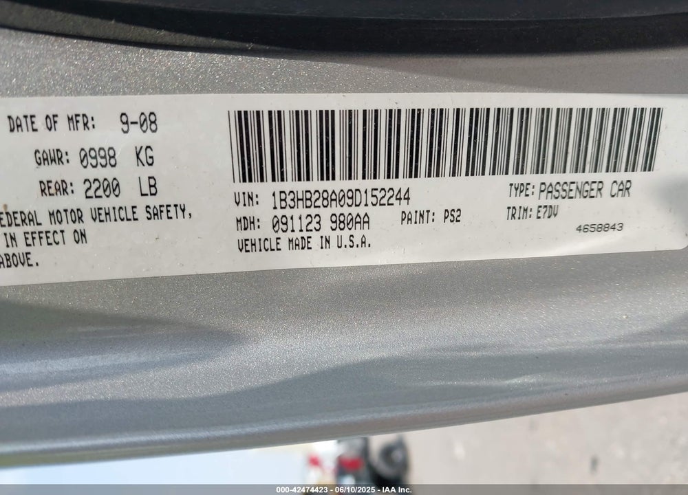 2009 DODGE CALIBER SE VIN: 1B3HB28A09D152244