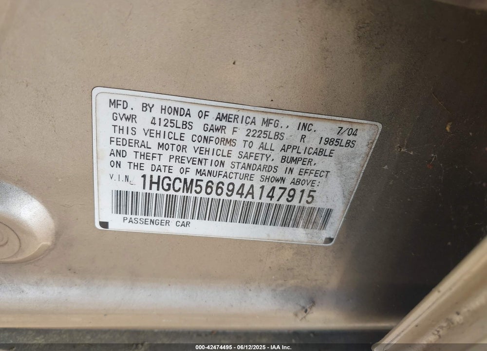 2004 HONDA ACCORD 2.4 EX VIN: 1HGCM56694A147915