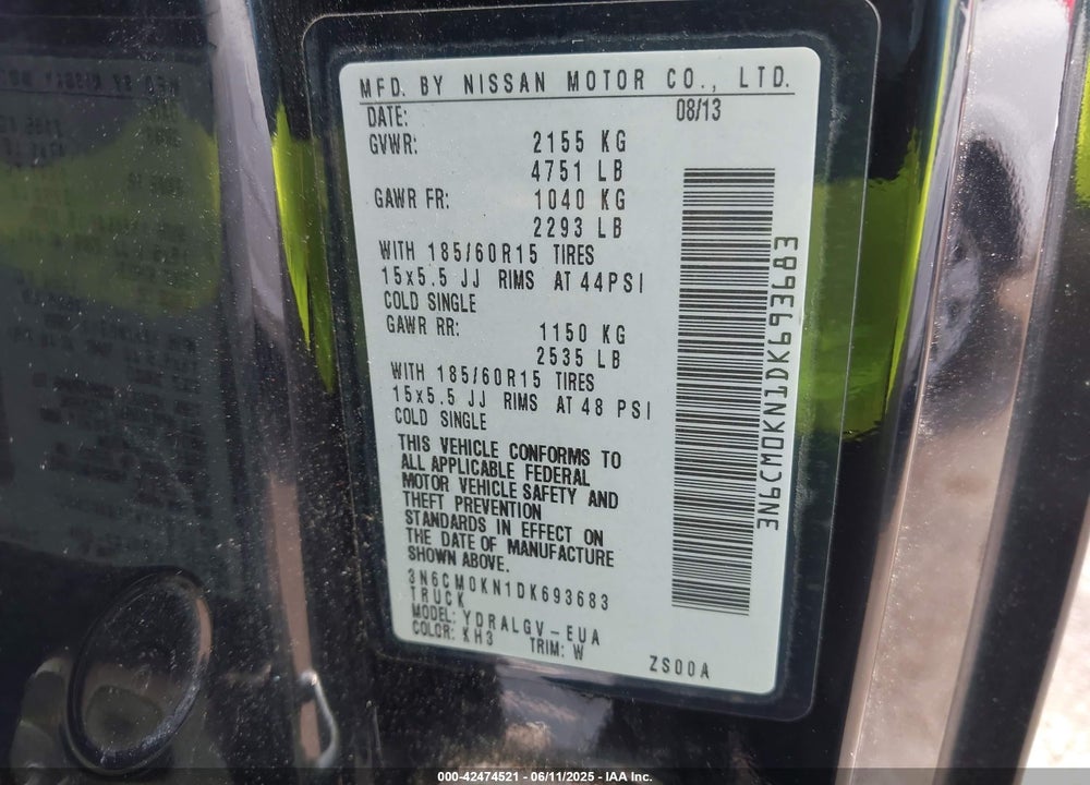 2013 NISSAN NV200 SV VIN: 3N6CM0KN1DK693683