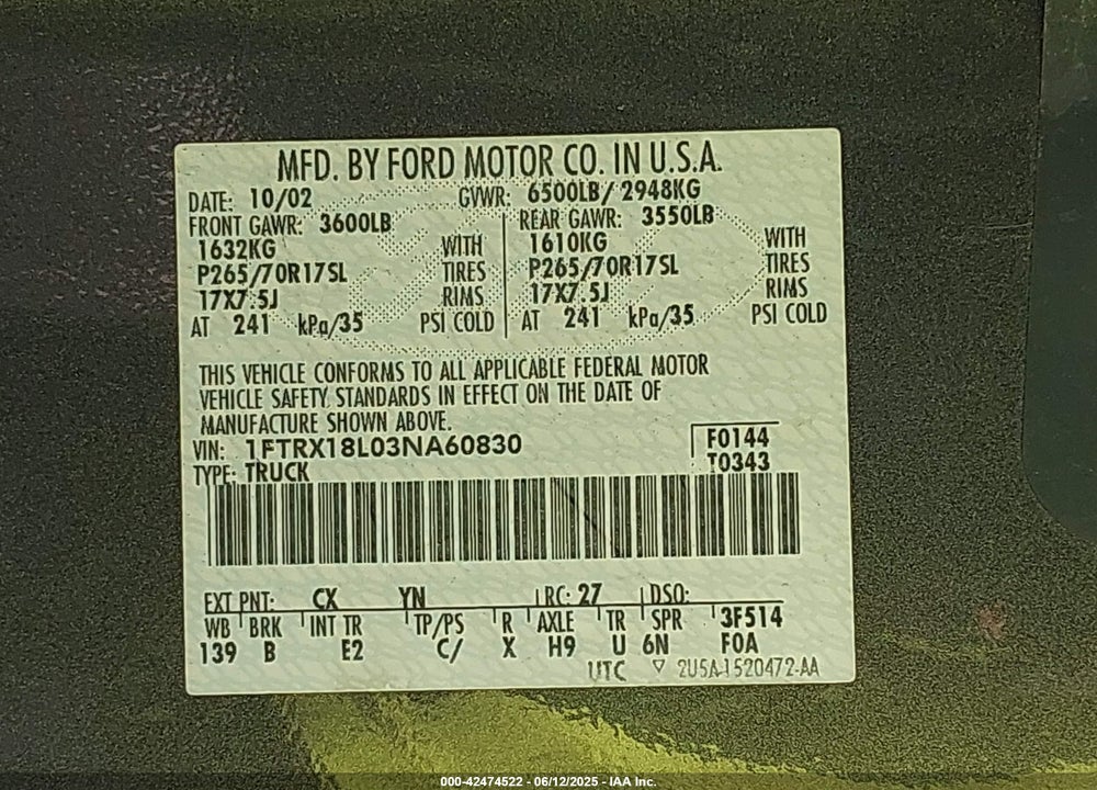 2003 FORD F-150 LARIAT/XL/XLT VIN: 1FTRX18L03NA60830