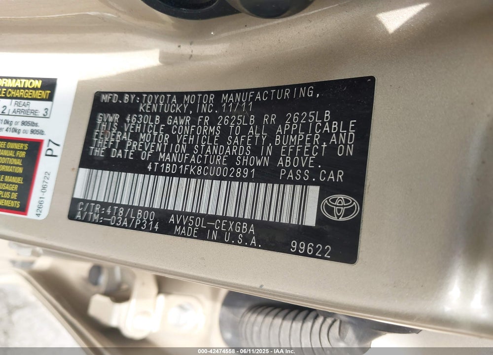 2012 TOYOTA CAMRY HYBRID VIN: 4T1BD1FK8CU002891