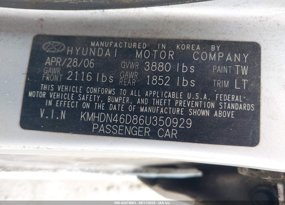 2006 HYUNDAI ELANTRA GLS/LIMITED VIN: KMHDN46D86U350929