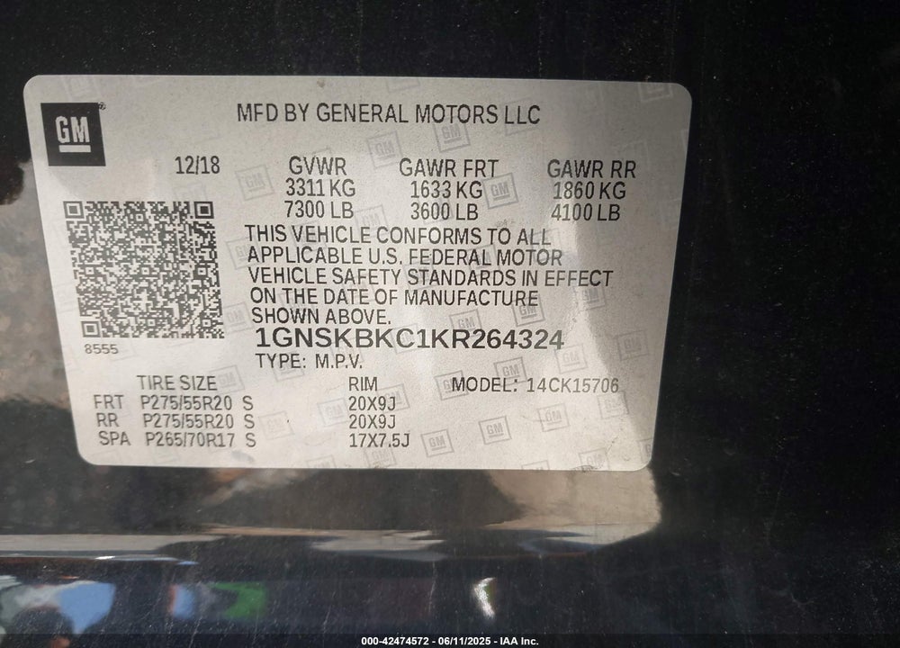 2019 CHEVROLET TAHOE VIN: 1GNSKBKC1KR264324