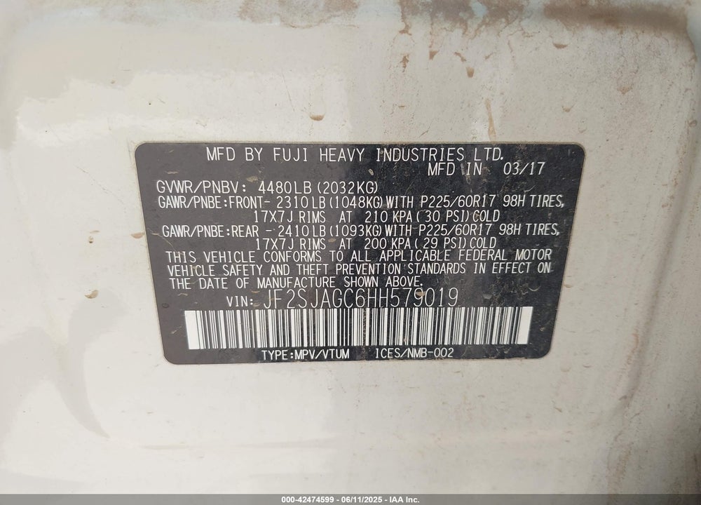 2017 SUBARU FORESTER VIN: JF2SJAGC6HH579019