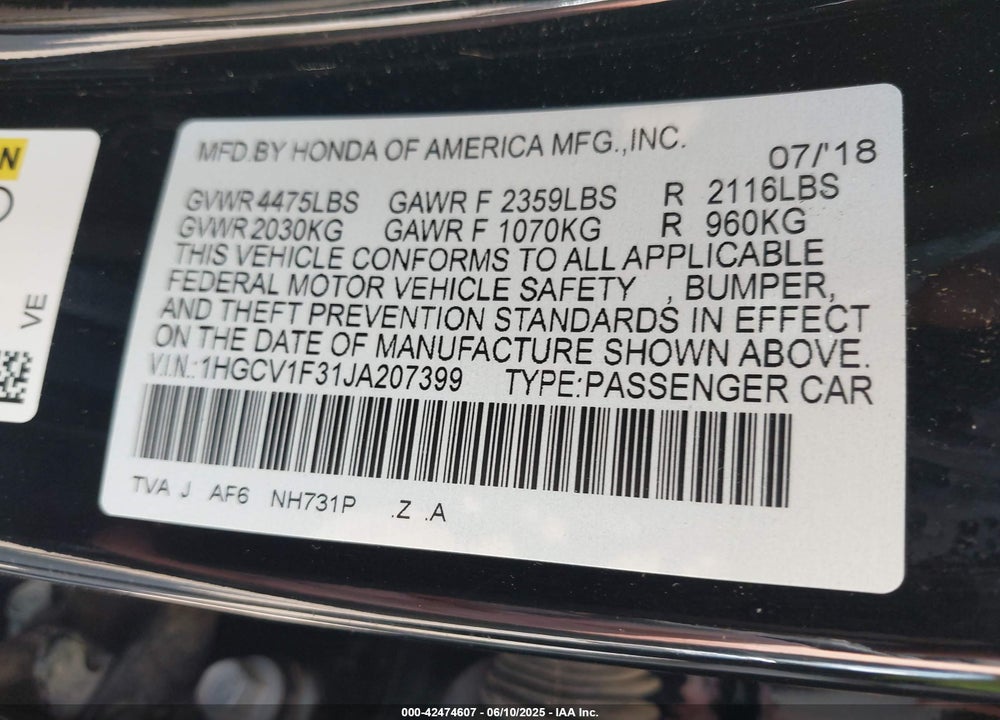 2018 HONDA ACCORD VIN: 1HGCV1F31JA207399