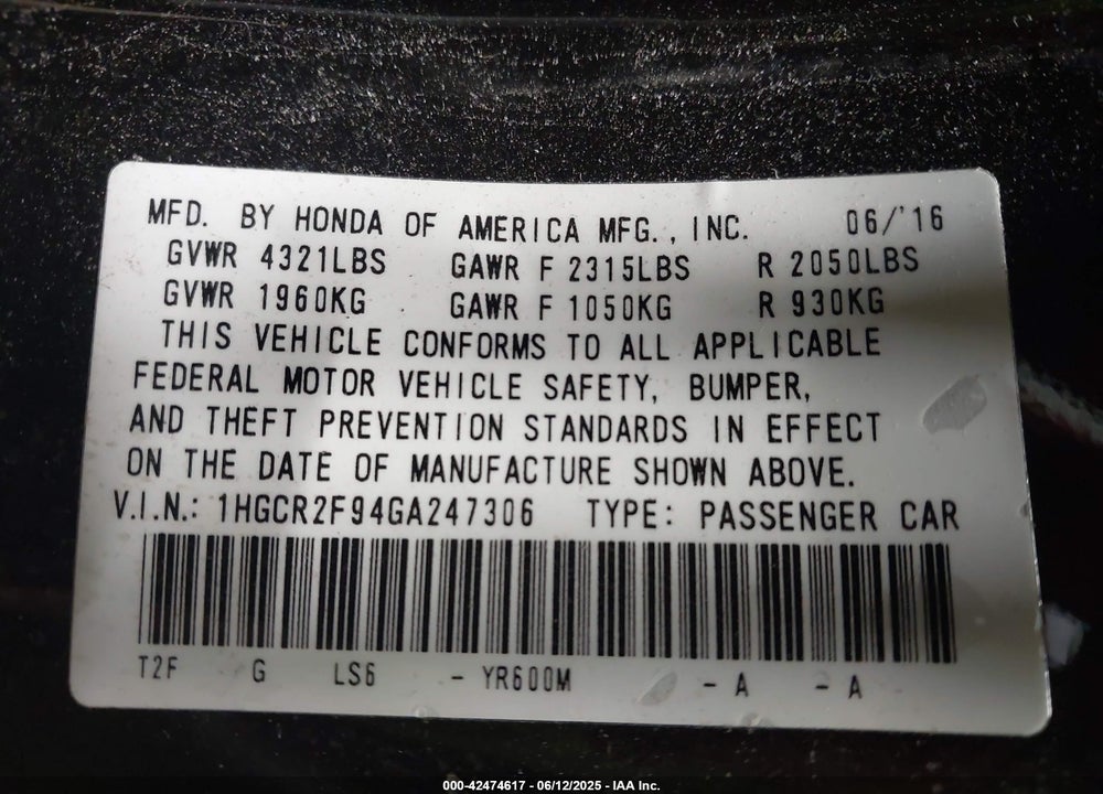 2016 HONDA ACCORD EX-L VIN: 1HGCR2F94GA247306