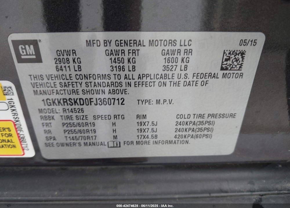 2015 GMC ACADIA VIN: 1GKKRSKD0FJ360712