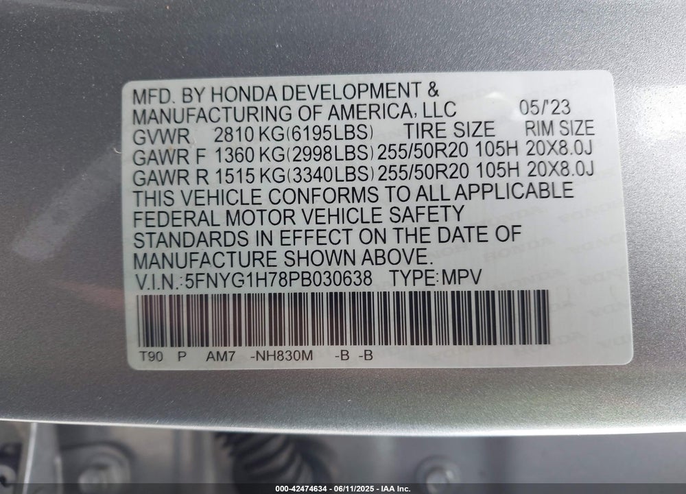 2023 HONDA PILOT VIN: 5FNYG1H78PB030638