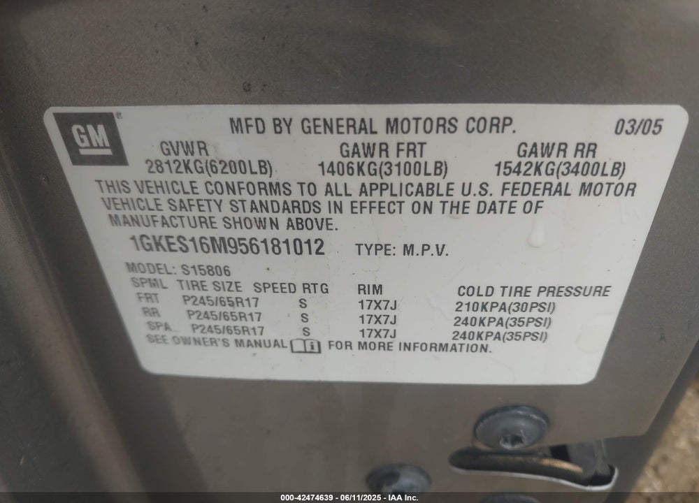 2005 GMC ENVOY XL SLT VIN: 1GKES16M956181012