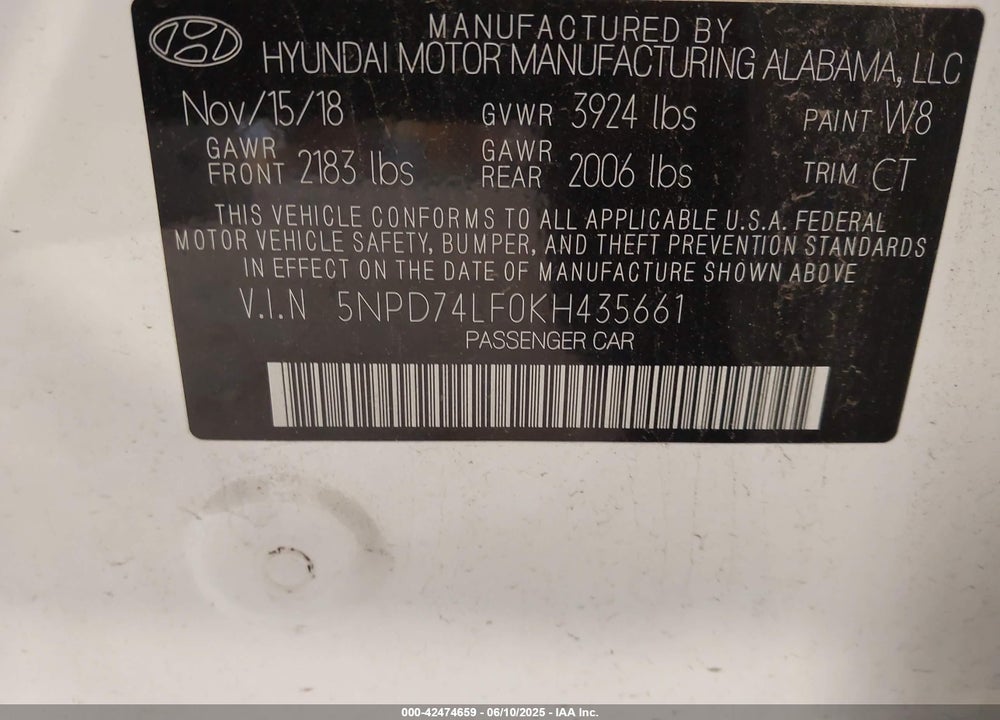 2019 HYUNDAI ELANTRA VIN: 5NPD74LF0KH435661