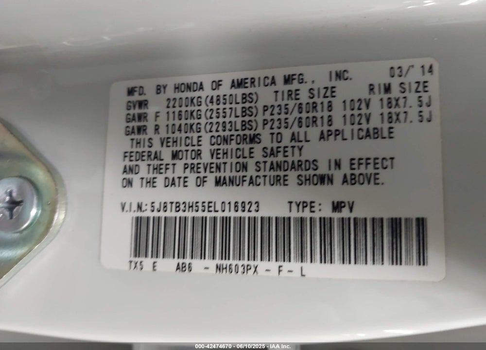 2014 ACURA RDX VIN: 5J8TB3H55EL016923