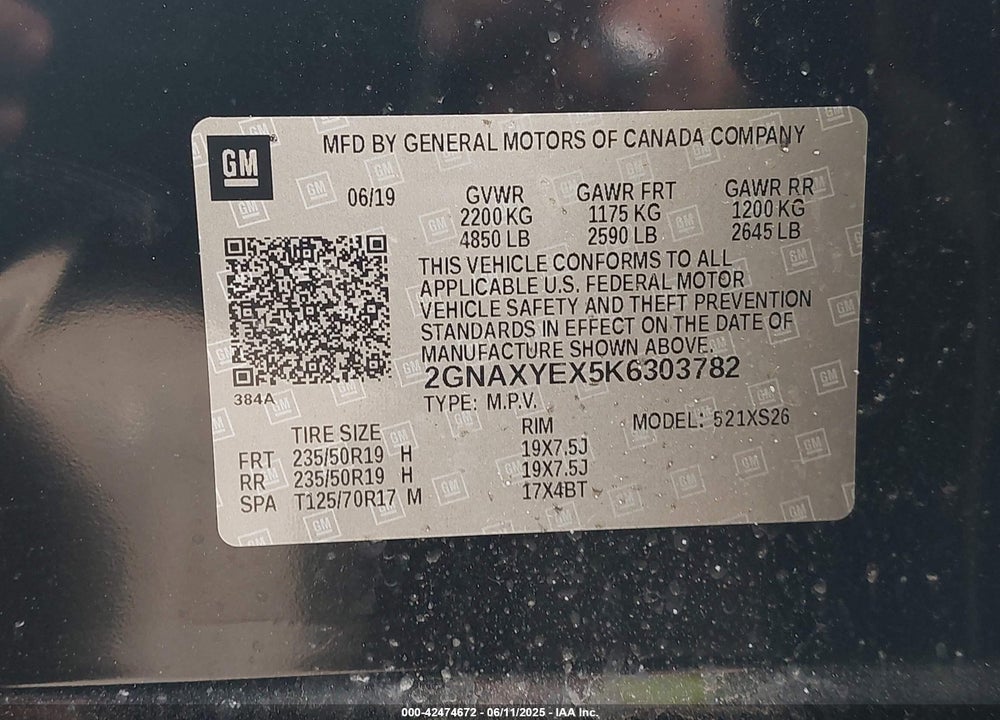 2019 CHEVROLET EQUINOX PREMIER VIN: 2GNAXYEX5K6303782
