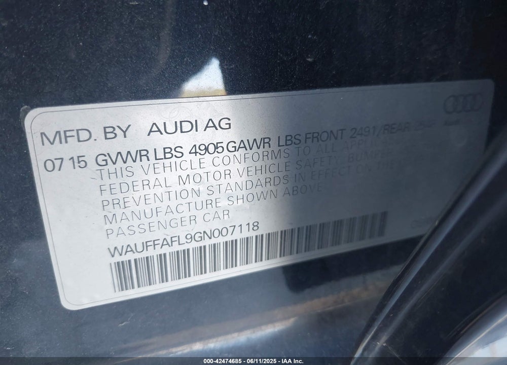 2016 AUDI A4 2.0T PREMIUM VIN: WAUFFAFL9GN007118